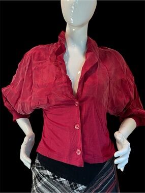Vintage Women's Rose-Red Puff Sleeve Button-Front Blouse